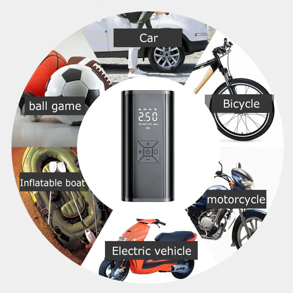 Portable Air Compressor 120W – Wireless/Wired Tire Inflator for Car, Bike & Sports Balls