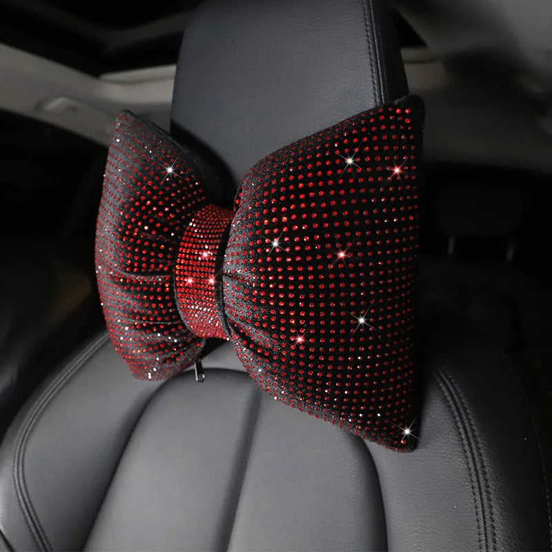 Diamond Bowknot Car Neck Pillow – Rhinestone Bling Headrest & Waist Support for Women