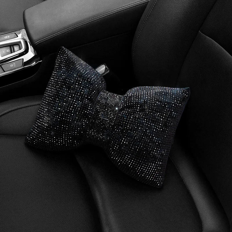 Diamond Bowknot Car Neck Pillow – Rhinestone Bling Headrest & Waist Support for Women