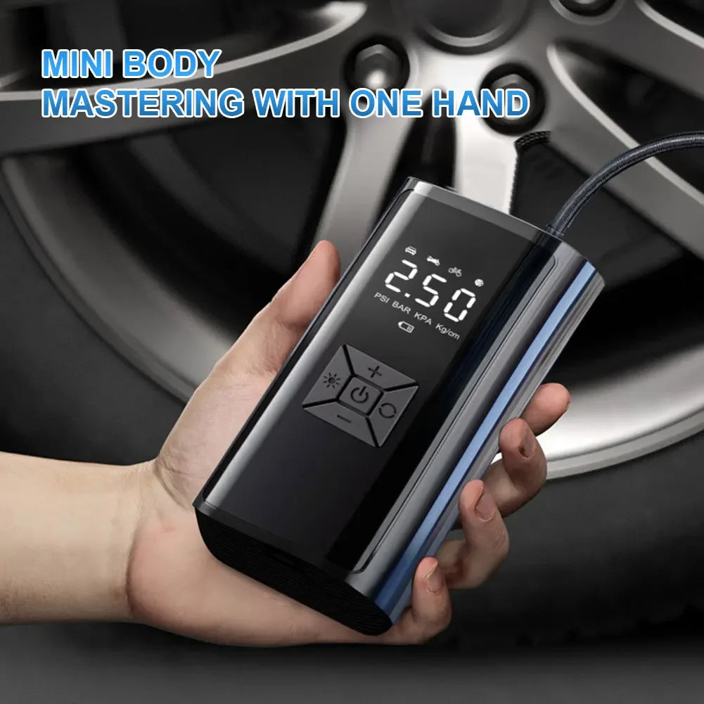 Portable Air Compressor 120W – Wireless/Wired Tire Inflator for Car, Bike & Sports Balls