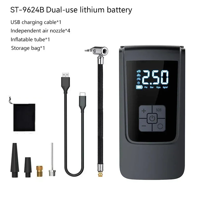 Wireless Tire Inflator – Portable Electric Air Pump with Wired Barometer for Car, Motorcycle & Bicycle Tires