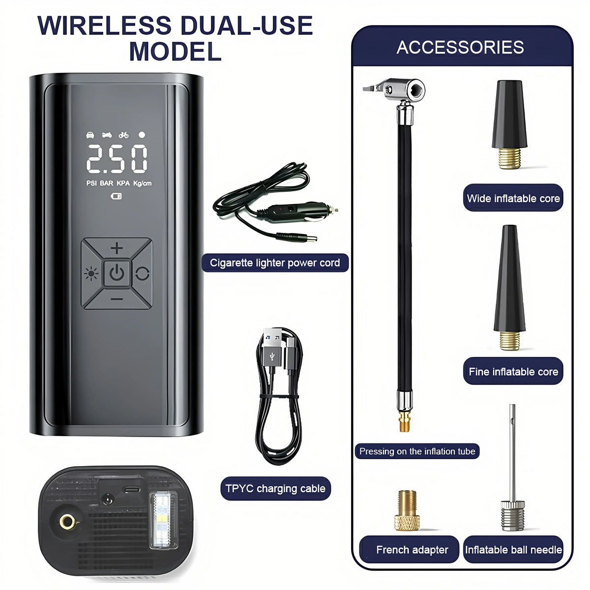 Portable Air Compressor 120W – Wireless/Wired Tire Inflator for Car, Bike & Sports Balls