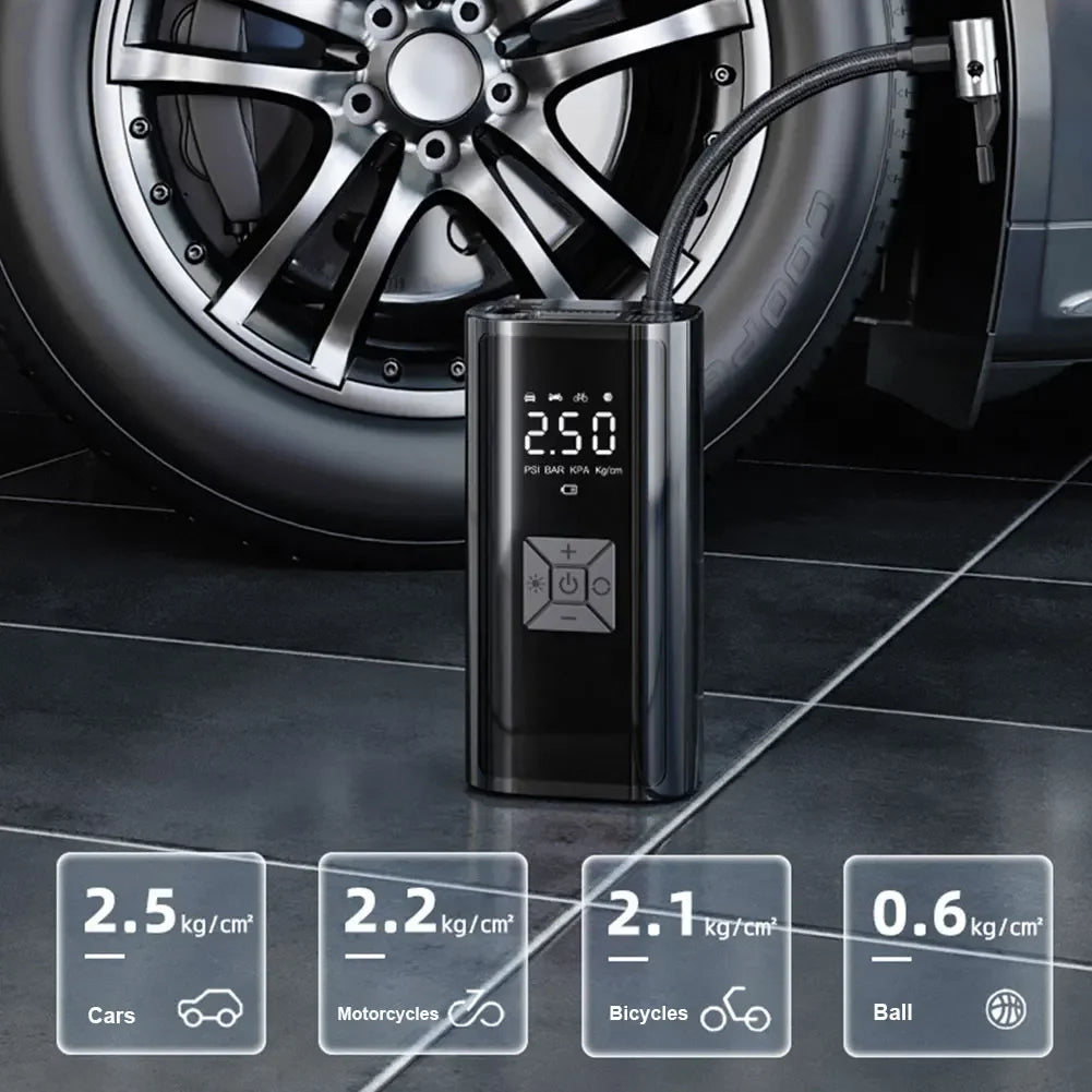 Portable Air Compressor 120W – Wireless/Wired Tire Inflator for Car, Bike & Sports Balls