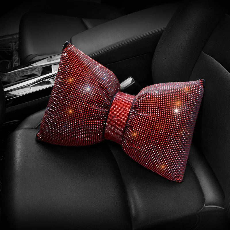 Diamond Bowknot Car Neck Pillow – Rhinestone Bling Headrest & Waist Support for Women