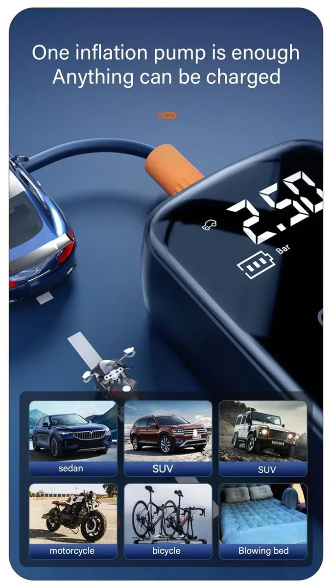 Wireless Tire Inflator – Portable Electric Air Pump with Wired Barometer for Car, Motorcycle & Bicycle Tires