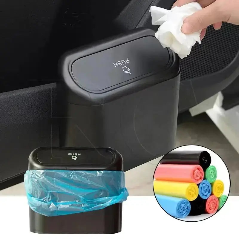 Mini Car Trash Can with Lid – Leak-Proof, Includes Garbage Bags, Compact Auto Accessory