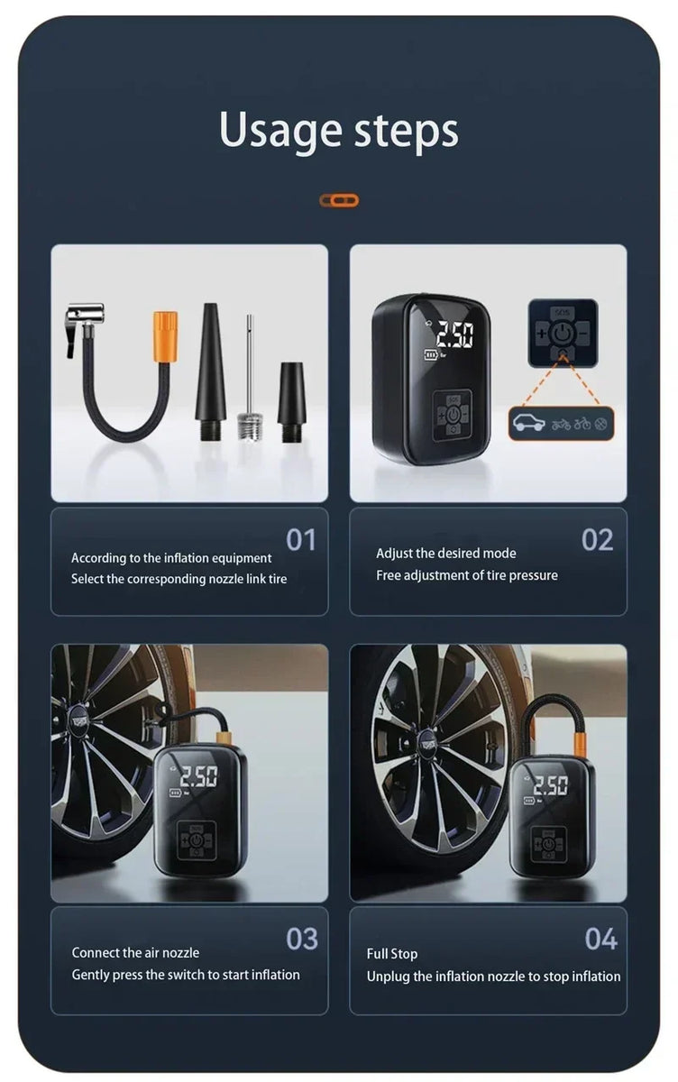 Wireless Tire Inflator – Portable Electric Air Pump with Wired Barometer for Car, Motorcycle & Bicycle Tires