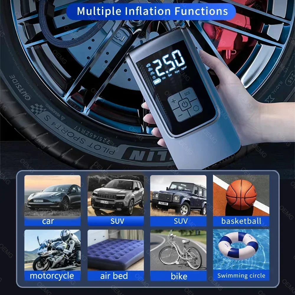 Wireless Tire Inflator – Portable Electric Air Pump with Wired Barometer for Car, Motorcycle & Bicycle Tires