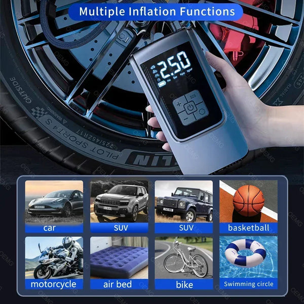 Wireless Tire Inflator – Portable Electric Air Pump with Wired Barometer for Car, Motorcycle & Bicycle Tires