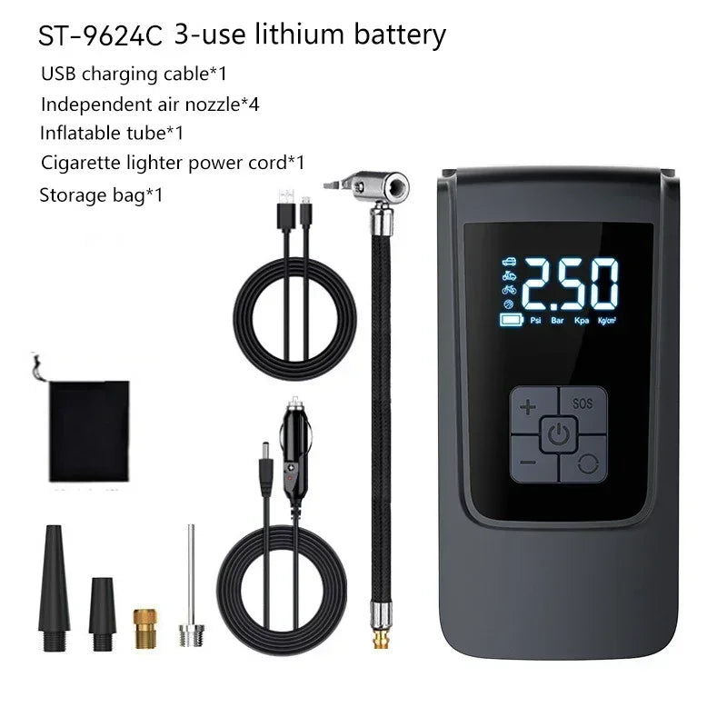 Wireless Tire Inflator – Portable Electric Air Pump with Wired Barometer for Car, Motorcycle & Bicycle Tires