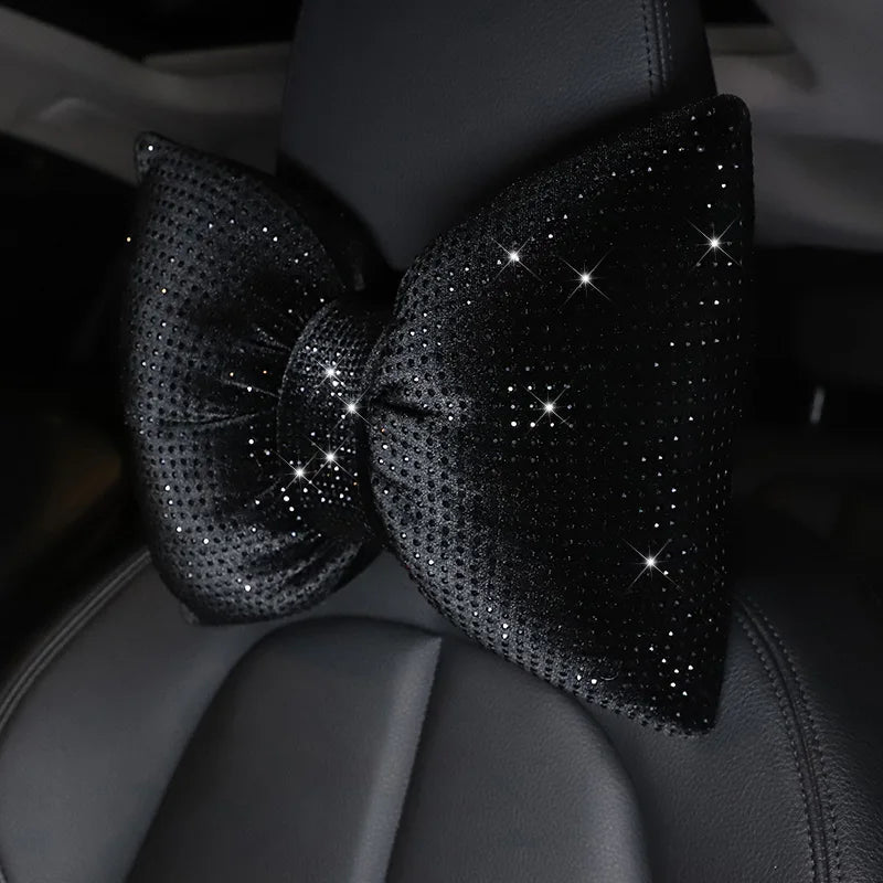 Diamond Bowknot Car Neck Pillow – Rhinestone Bling Headrest & Waist Support for Women