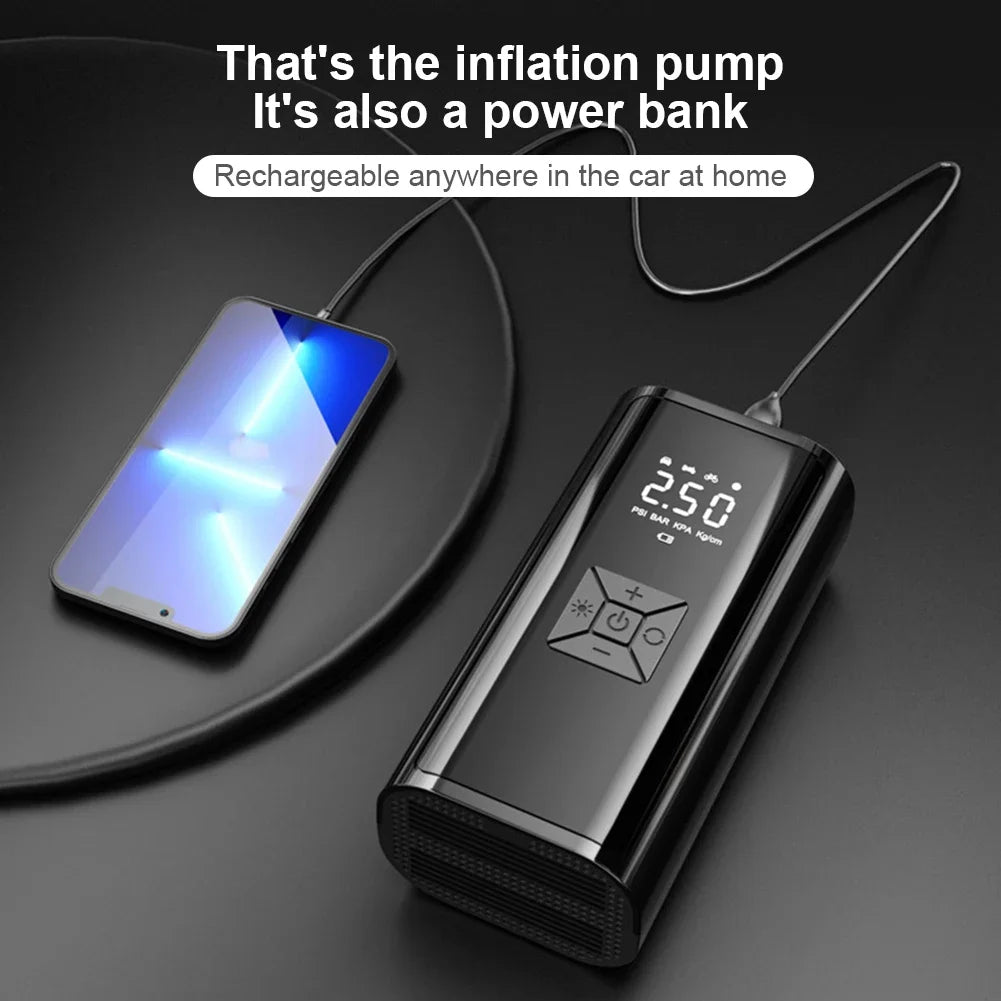 Portable Air Compressor 120W – Wireless/Wired Tire Inflator for Car, Bike & Sports Balls