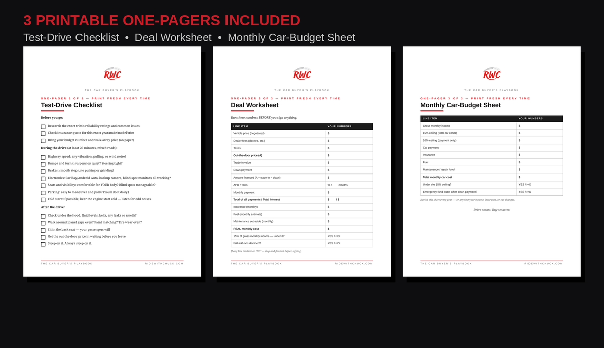 Printable car-buyer one-pagers included with the playbook