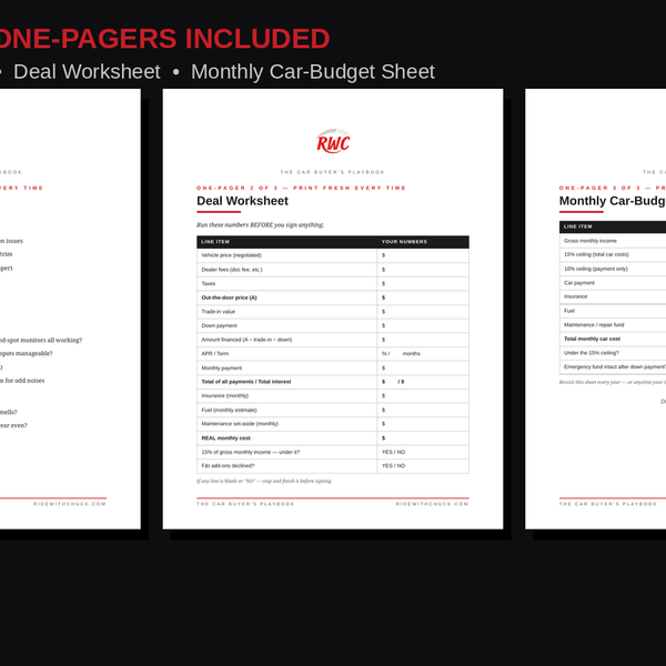 Printable car-buyer one-pagers included with the playbook