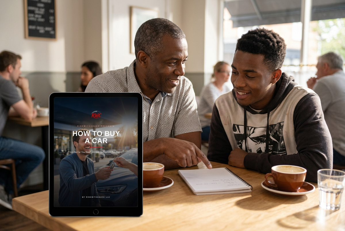 Father and adult son planning a car purchase with the ebook at a cafe