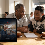 Father and adult son planning a car purchase with the ebook at a cafe