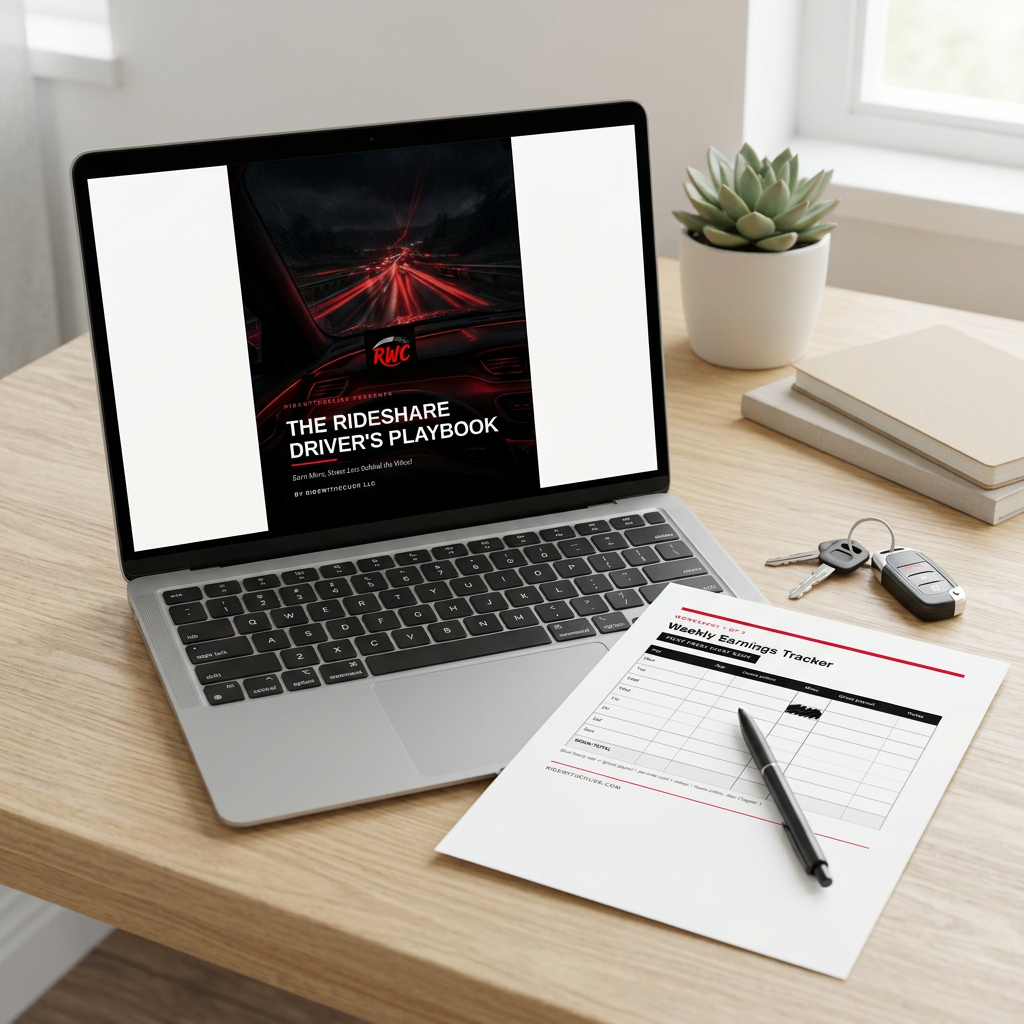 The Rideshare Drivers Playbook digital ebook on a laptop with a printed earnings tracker and pen.