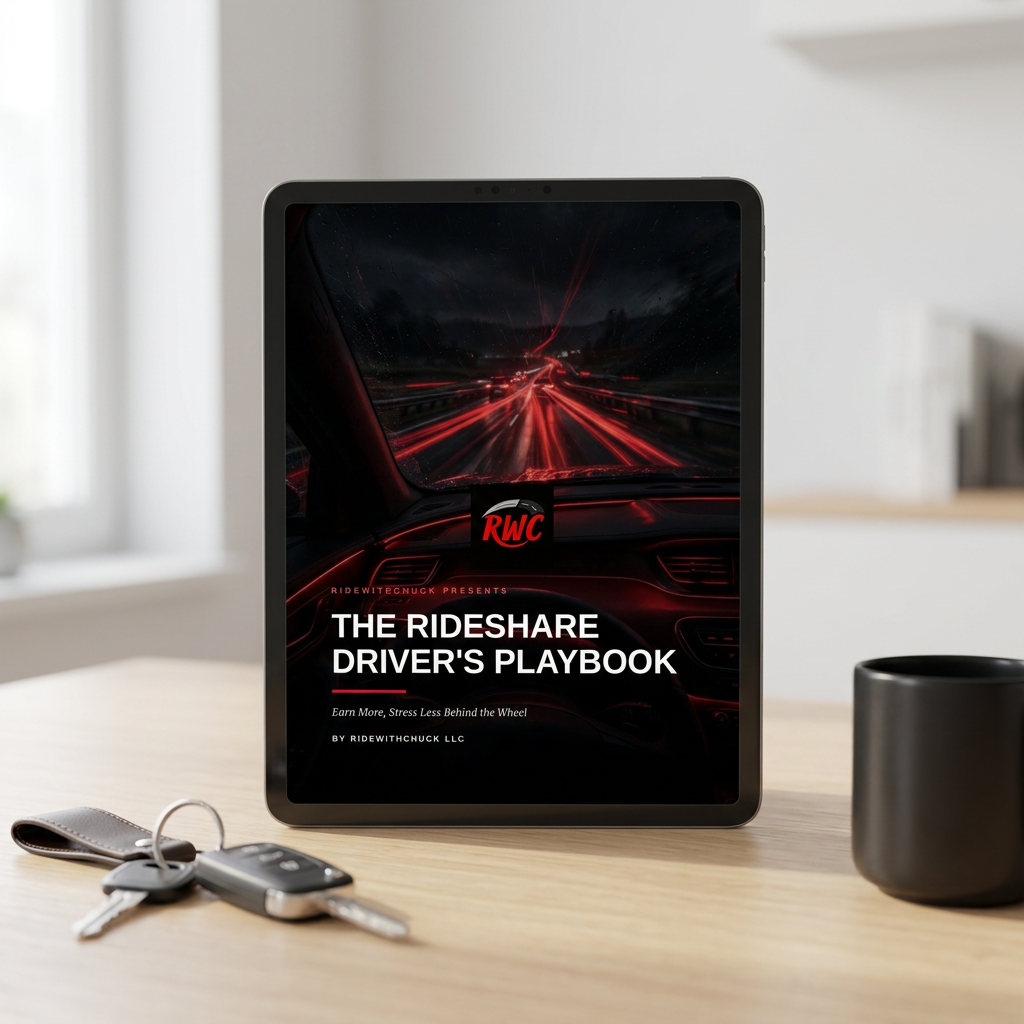 The Rideshare Drivers Playbook digital ebook displayed on a tablet beside car keys and coffee.