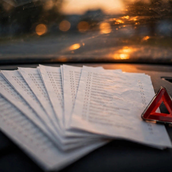 Printed breakdown checklists on a car dashboard at dusk