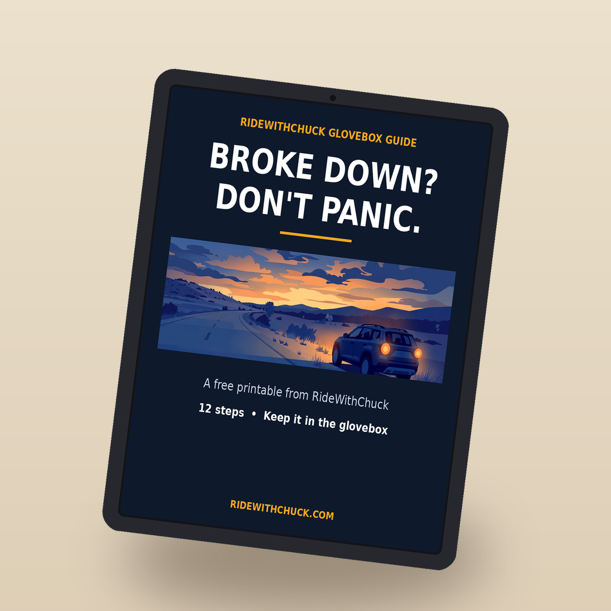 Broke Down? Don't Panic checklist cover on a tablet