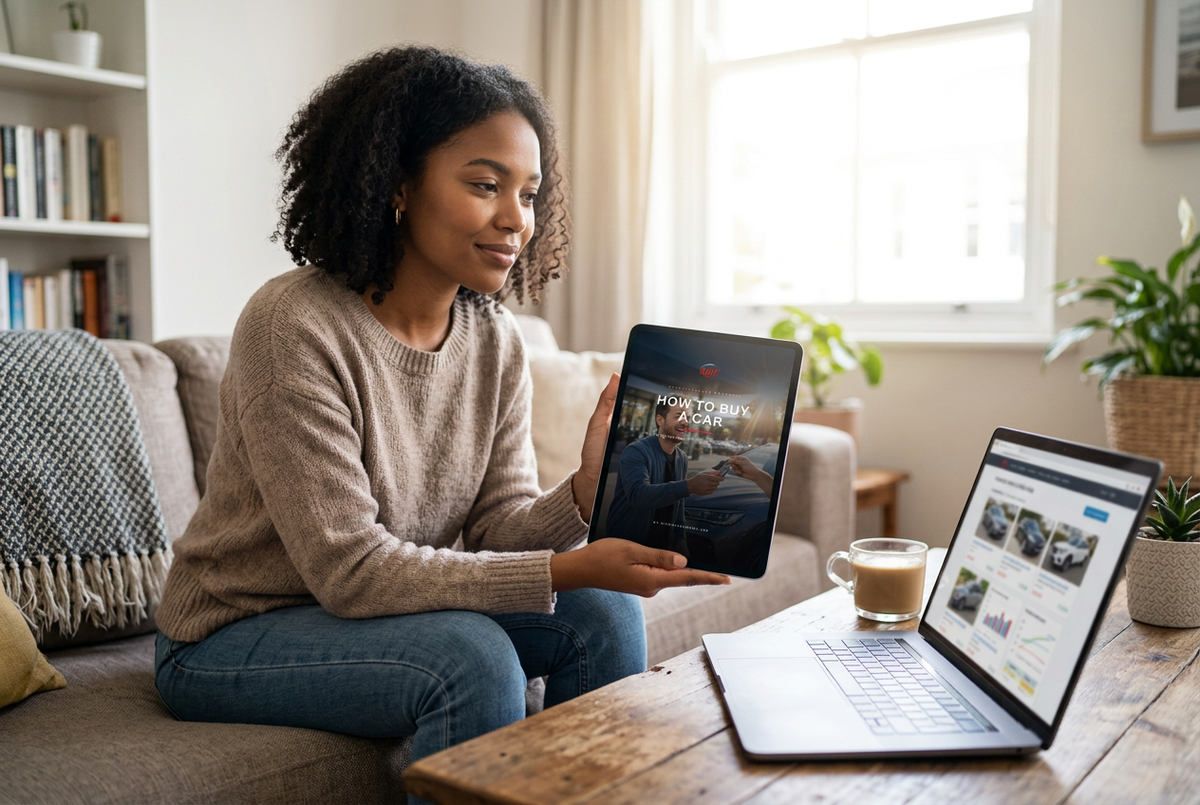 Woman researching her first car at home with the ebook