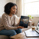 Woman researching her first car at home with the ebook